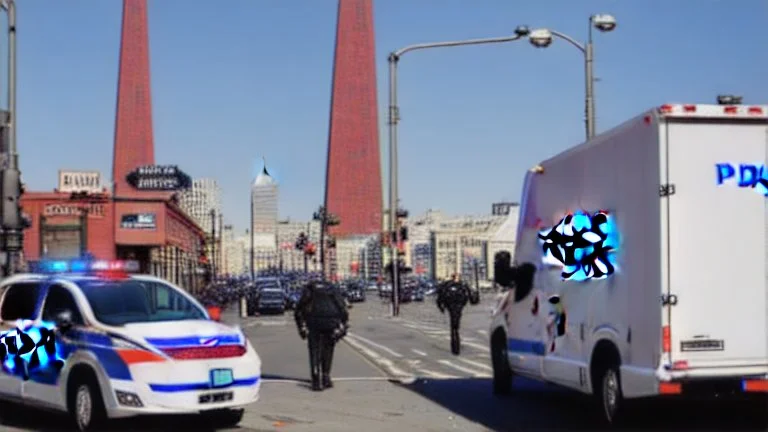 A police Tesla Cybertruck is chasing a Tesla 'Model S Plaid' at top speed, on the 'Pier 39', in San Francisco. CINEMATIC. WIDE ANGLE LENS.