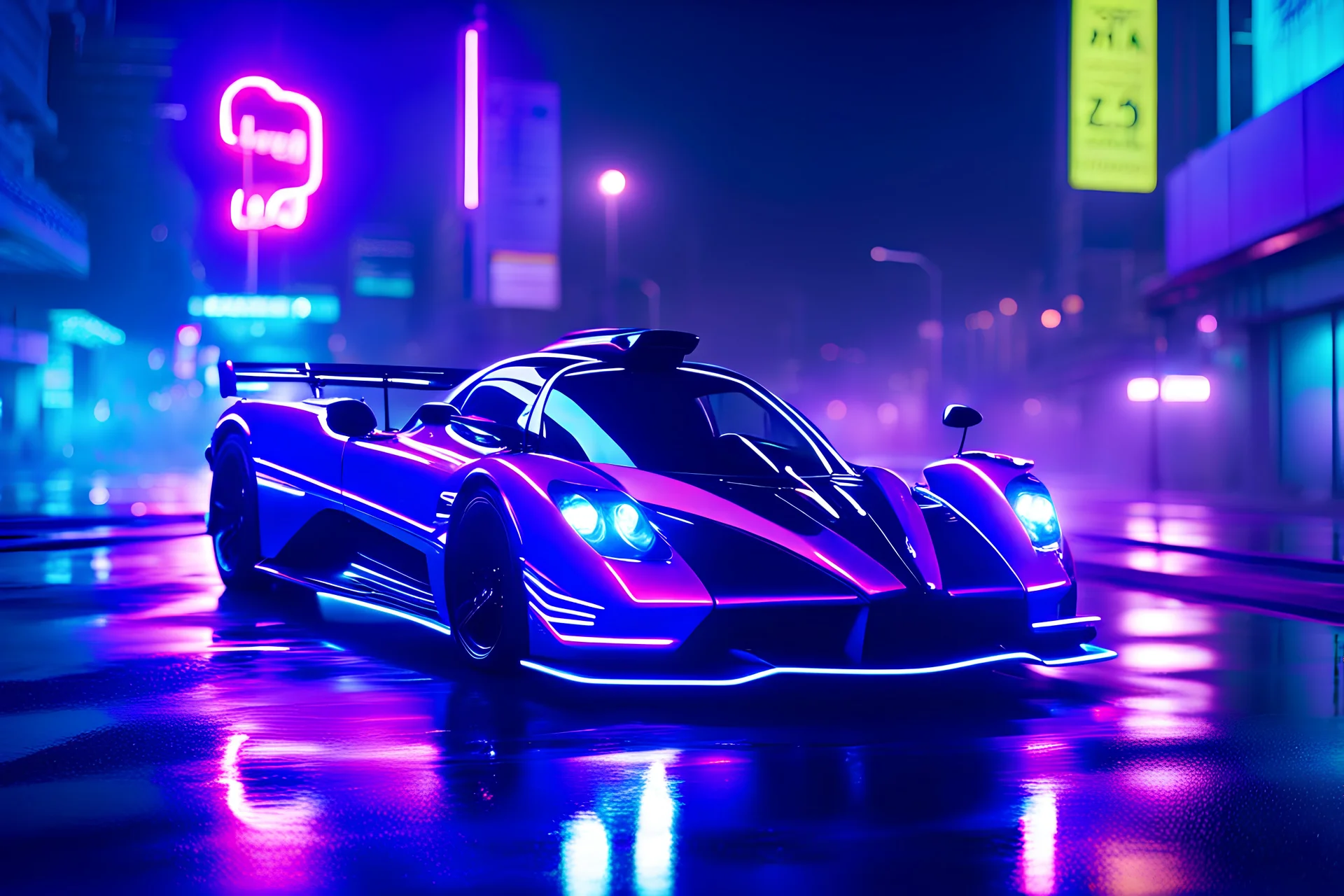 a glowing black and purple Zonda car zooming through the streets of a neon lit futuristic miami at night and in the rain 8k hyperrealistic