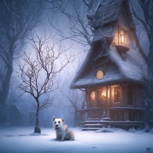 sad, scared, lonely dog tied to a tree with short leash in front of a house, winter, 8k resolution, high-quality, fine-detail, intricate, digital art, detailed matte, volumetric lighting, illustration, 3D octane render, brian froud, howard lyon, selina french, anna dittmann, annie stokes, lisa parker, greg rutowski