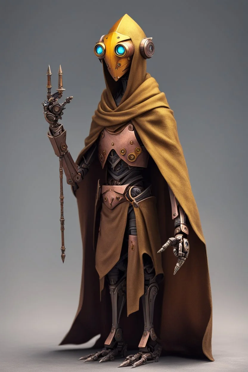 slim copper robot, dungeons and dragons, yellow eyes, wearing cloak