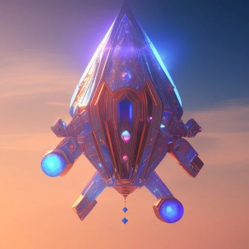 a crystalised blue pink spaceship, gold, diamonds, lightbeams, cosmic background, atmospheric, realistic, unreal engine, 8k. Cinematic lighting, octane render.