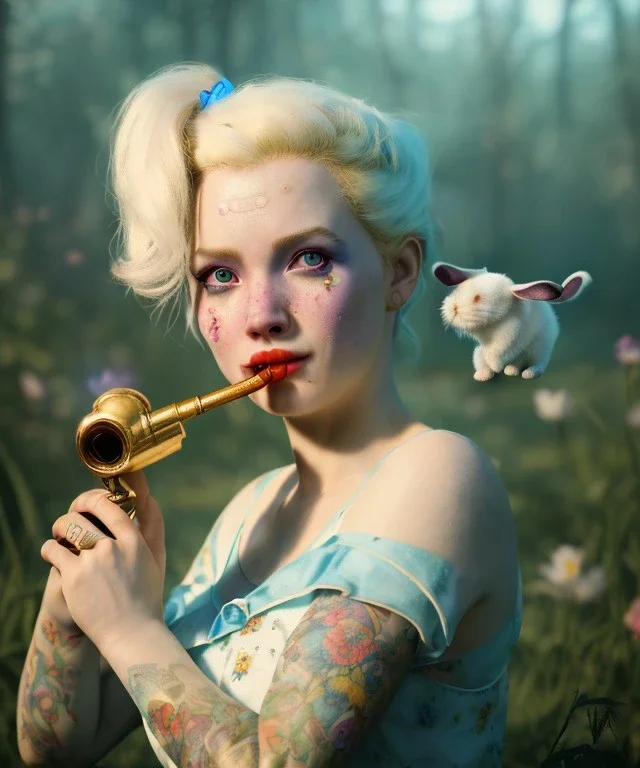 Ultra realistic wonderland photo, happy blonde woman smoking a pipe, blue dress, white rabbit pet, circus dress style, old school tattoo, smoke, marijuana garden, glow eyes, perfect iris, soft color, highly detailed, unreal engine 5, ray tracing, RTX, lumen lighting, ultra detail, volumetric lighting, high definition.