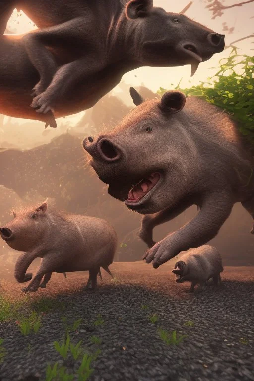 Close-up animation of a partying wild warthog island with them running around crazy and wild