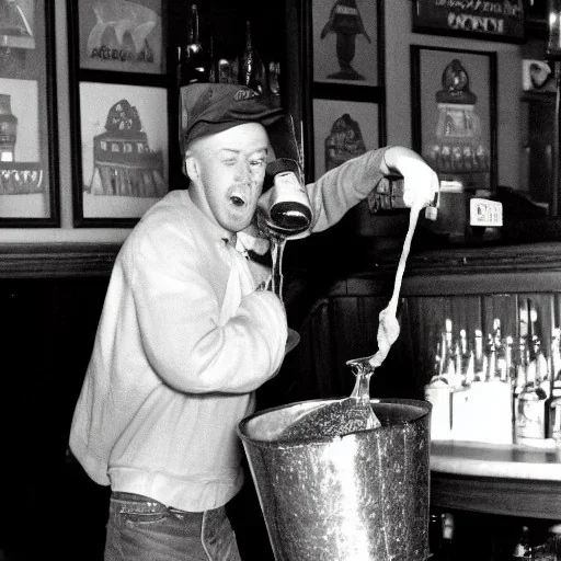 William Luby pouring a bucket full of beer on his own head at a pub