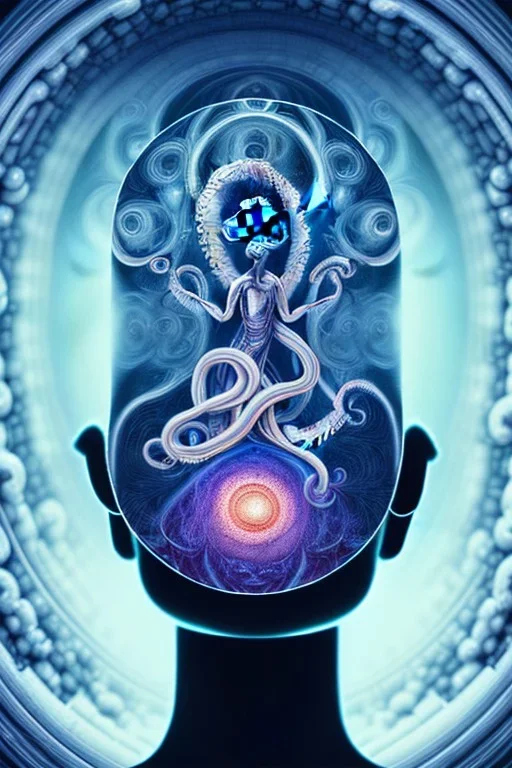 Spiritual being with Tentacles over human Head creating reality around, wrapping Spiral around Human, Psychedelic