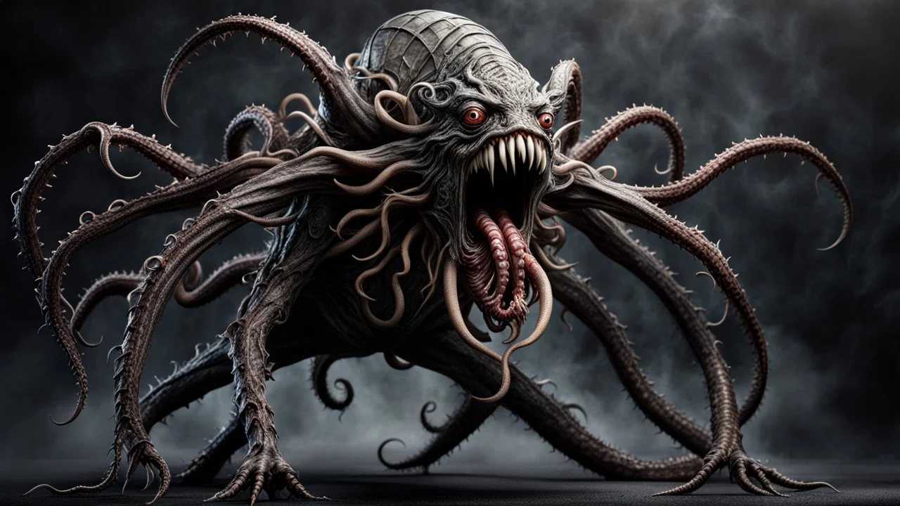 looking to camera a fantasy monster with many tentacles, dynamic pose, scary creature without face and without eyes, with big mouth, full length, full body without legs, very detailed, intricate insanely, Hyperrealism, photorealistic, natural volumetric light, dark fantasy style, photo style