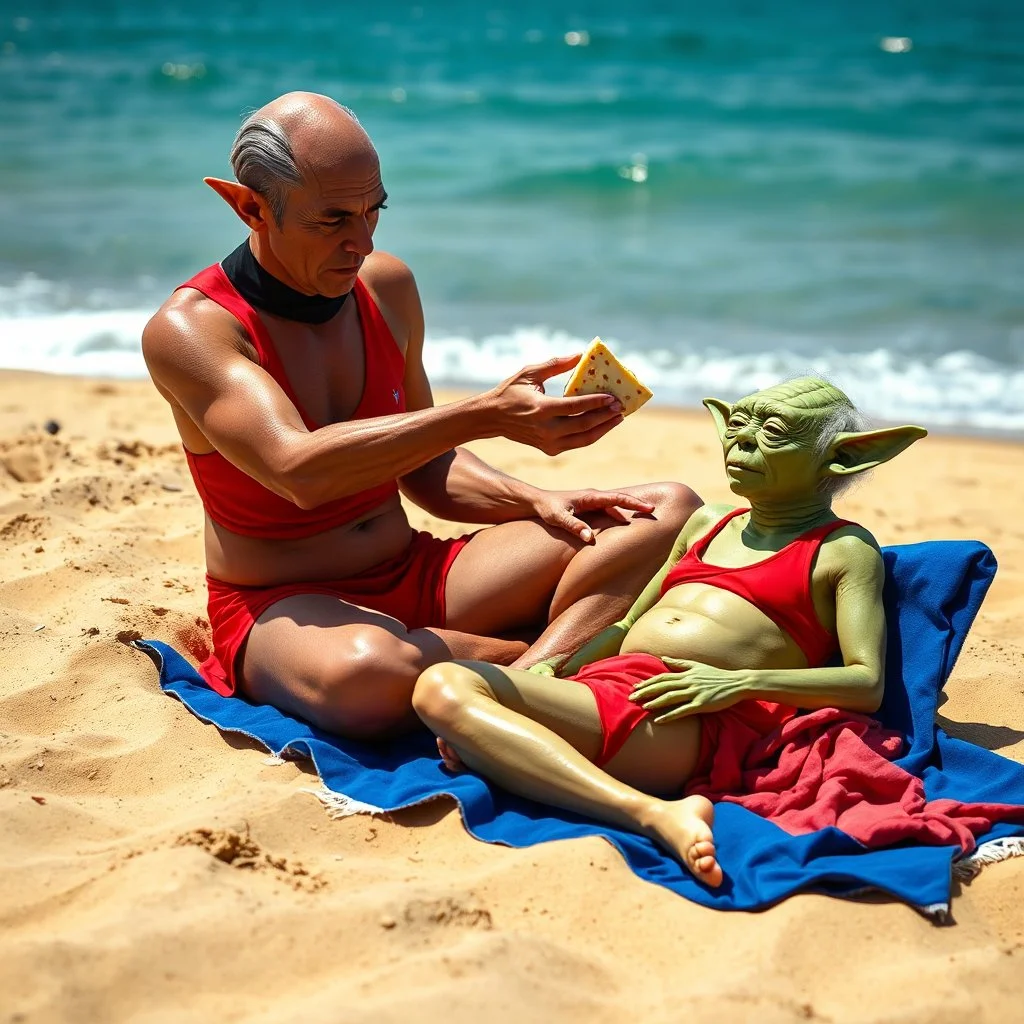 sandy beach scene shows realistic Data from Star Trek and Star Wars' Yoda wearing only a bright red speedo. Yoda, with green wrinkled skin and pointed ears, sits cross-legged while extending his three-fingered hand to feed a wedge of Welsh Rarebit to Data, who reclines on a blue beach towel. Data's pale complexion and yellow skin tone are visible as he receives the food. The beach setting features golden sand, with blue ocean waves visible in the background. Daytime outdoor photography with nat
