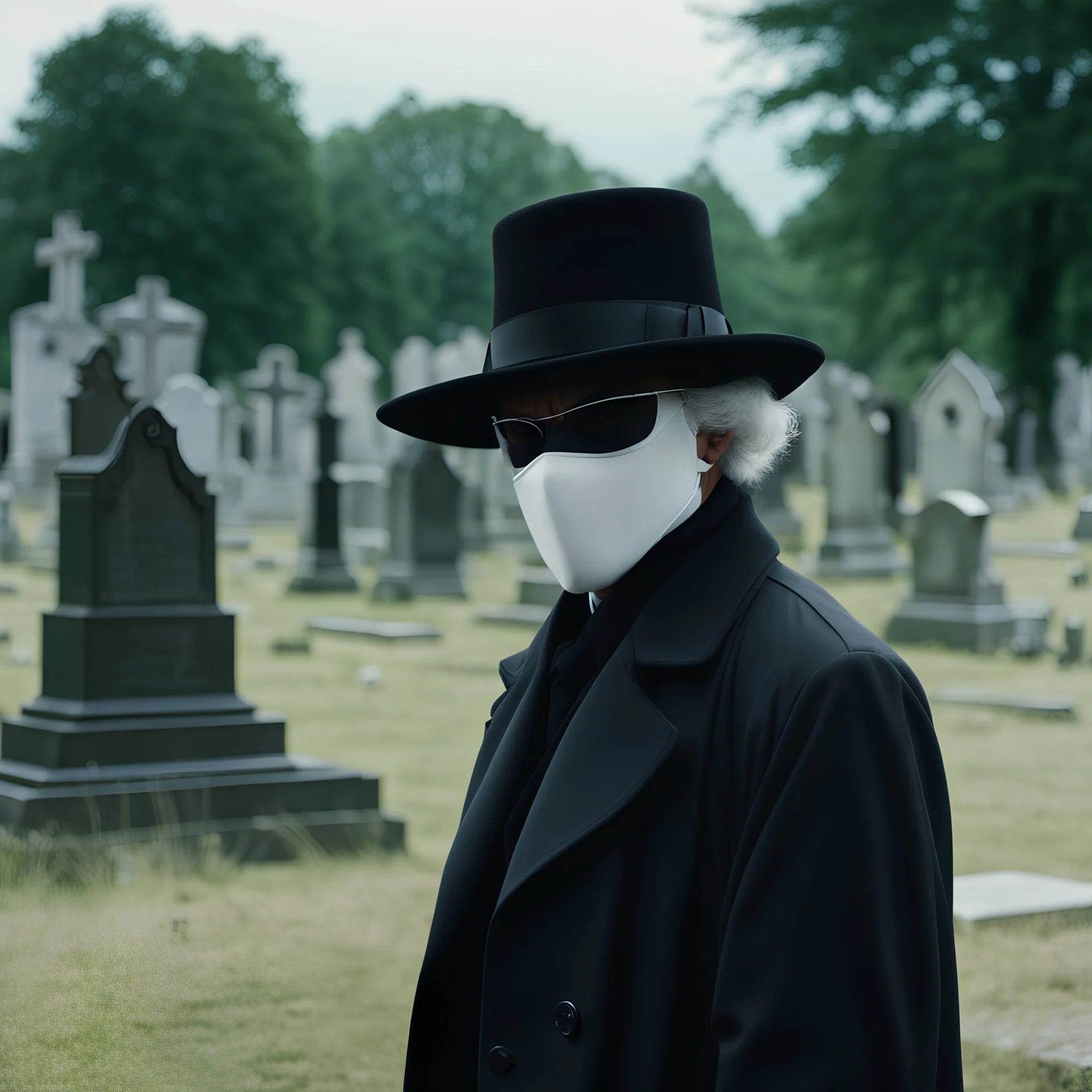 photo raw, 8k uhd, 1990s film still, man in black trenchcoat and black hat, wearing white mask, white hair, in a cemetary during the day, sharp focus, realistic,