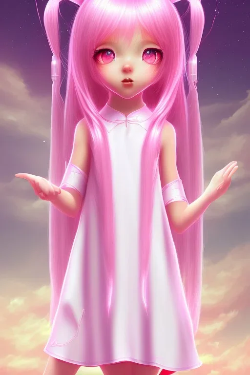 Loli wearing long nightgown, hands behind back, wholesome, innocent, long pink hair, tilted head