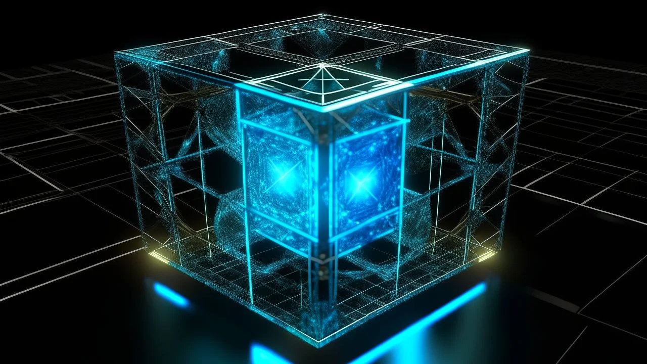 Cube tesseract from movie Loki, located strictly in the middle of picture with space around it and with glow in tesseract, but without glow below it, without background or table.