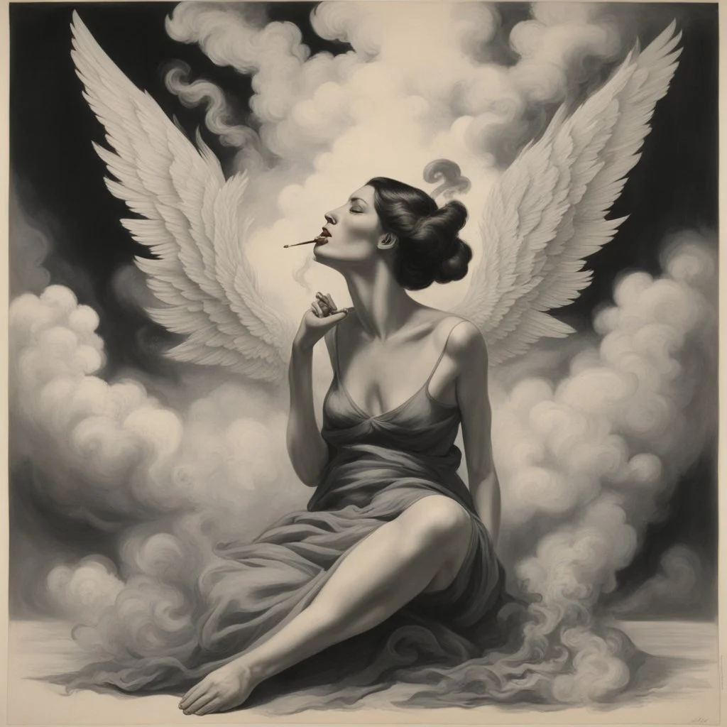 women sitting forward Her face turned upwards and blows cigarette smoke from their mouth. It depicts a figure with wings emerging from its back. behind the clouds of smoke seen death.