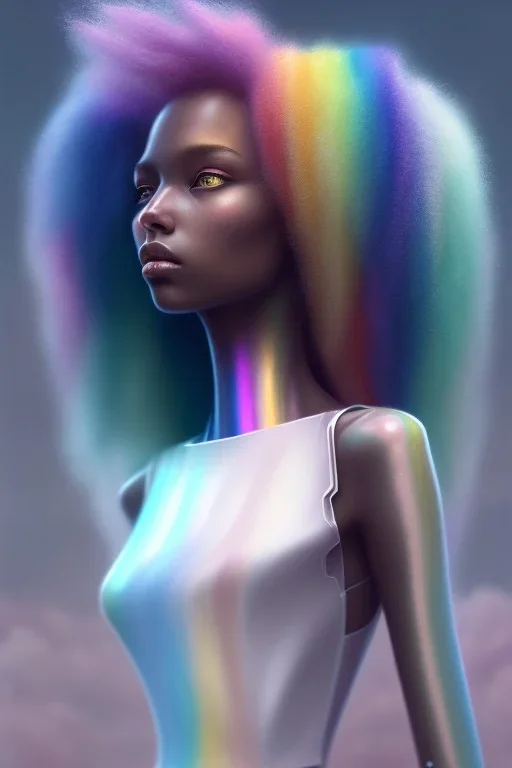 girl, cute, beautiful, long curly hair, soft pastel rainbow hair, rainbow dress,robotic, african factions close up portrait by Greg Rutkowski