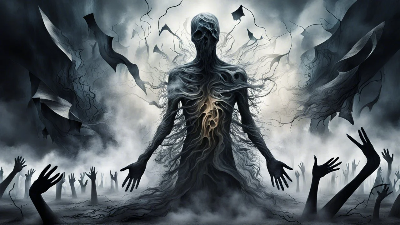 Abstract surreal scene of a human soul in conflict a caracter dissolving into shadows and fog, body torn into shards of light and darkness. Shapes twist and melt like oil paint, forming ghostly hands and distorted faces emerging from the fog. The background is a blur of noise, chaotic patterns and faceless crowds, symbolizing the indifferent outside world. A haunting, dreamlike composition that captures isolation, inner demons, struggle of anxiety. surreal, atmospheric