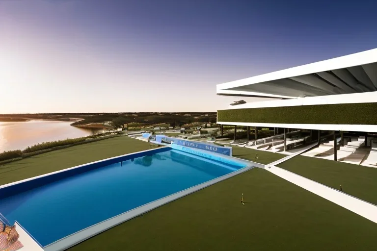 Sunset algarve in quinta do lago, one straight line building of 250 meters long pool of a modern luxury architecture with wood and gold metallic pergolas with pool on rooftop, green roofs and sun loungers next to pool, overlooking a tennis and padel sport facility, on a slope with pinus pinea, a road wrap around for low speed veicular road