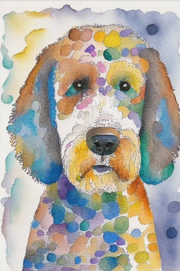 abstract watercolour of the head of bernadoodle dog in the style of paul klee with circles of colour