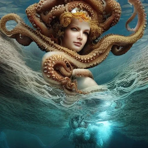 high-quality, fine-detail portrait of gorgeous, stunning goddess of water, octopus as hair, coral reef exoskeleton, 8k resolution, 3D octane render, intricate, digital art, detailed matte, volumetric lighting, George Grie, Anne Dittman, Anne Stokes, Lisa Parker, Selina French,