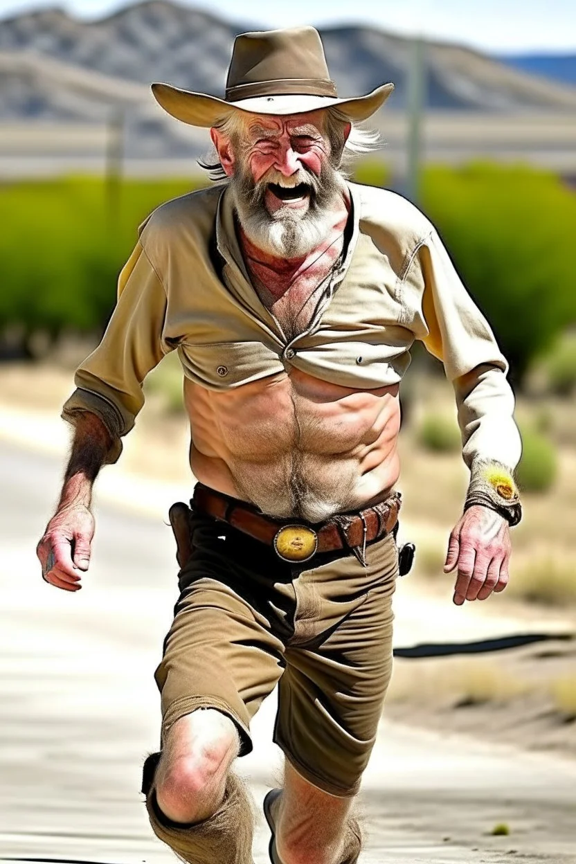 Bare drunk old cowboy in pants runner