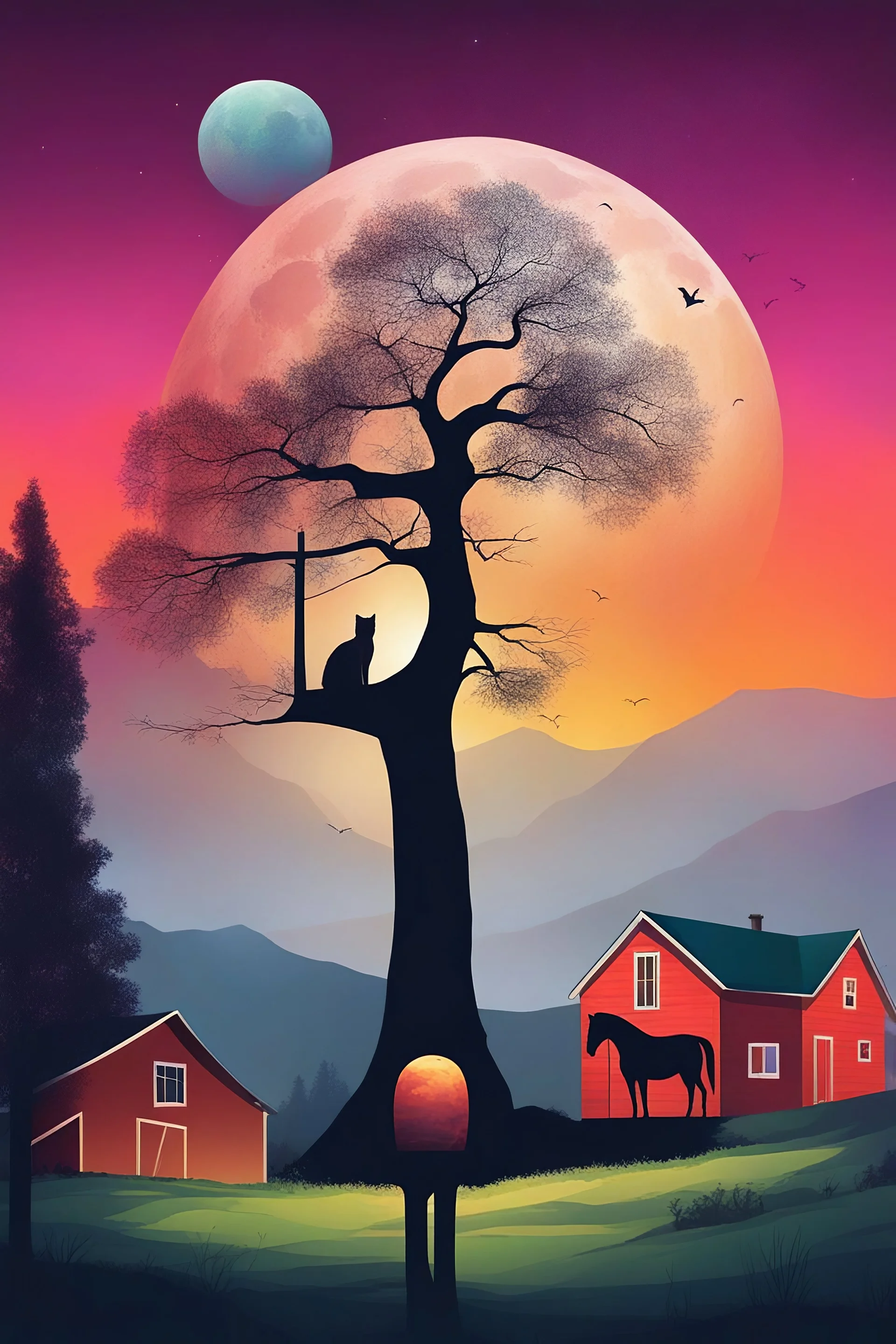 everything in this picture is upside down, A man, a cat, a horse, a tree, a house, a barn, a dog, a mountain range, a moon, fog, mist, trees, this picture is colorful