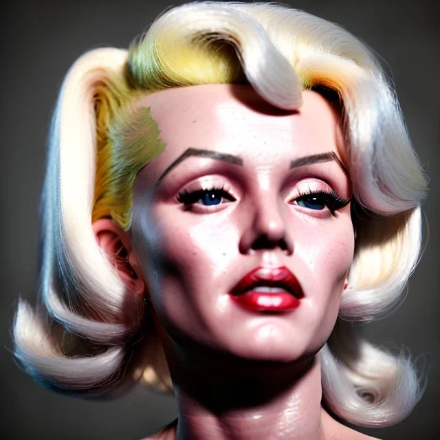 Realistic image portrait, blonde woman, sweet Marylin Monroe face, punk style, shave hair, glow eyes, classic super hero dress, highly detailed, unreal engine 5, ray tracing, RTX, lumen lighting, ultra detail, volumetric lighting, 3d, finely drawn, high definition, high resolution.