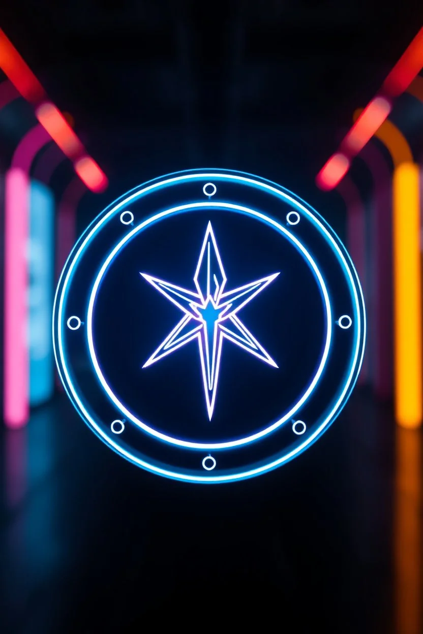 extremely sharp hypnotic symbol in front of depth of field neon google effect