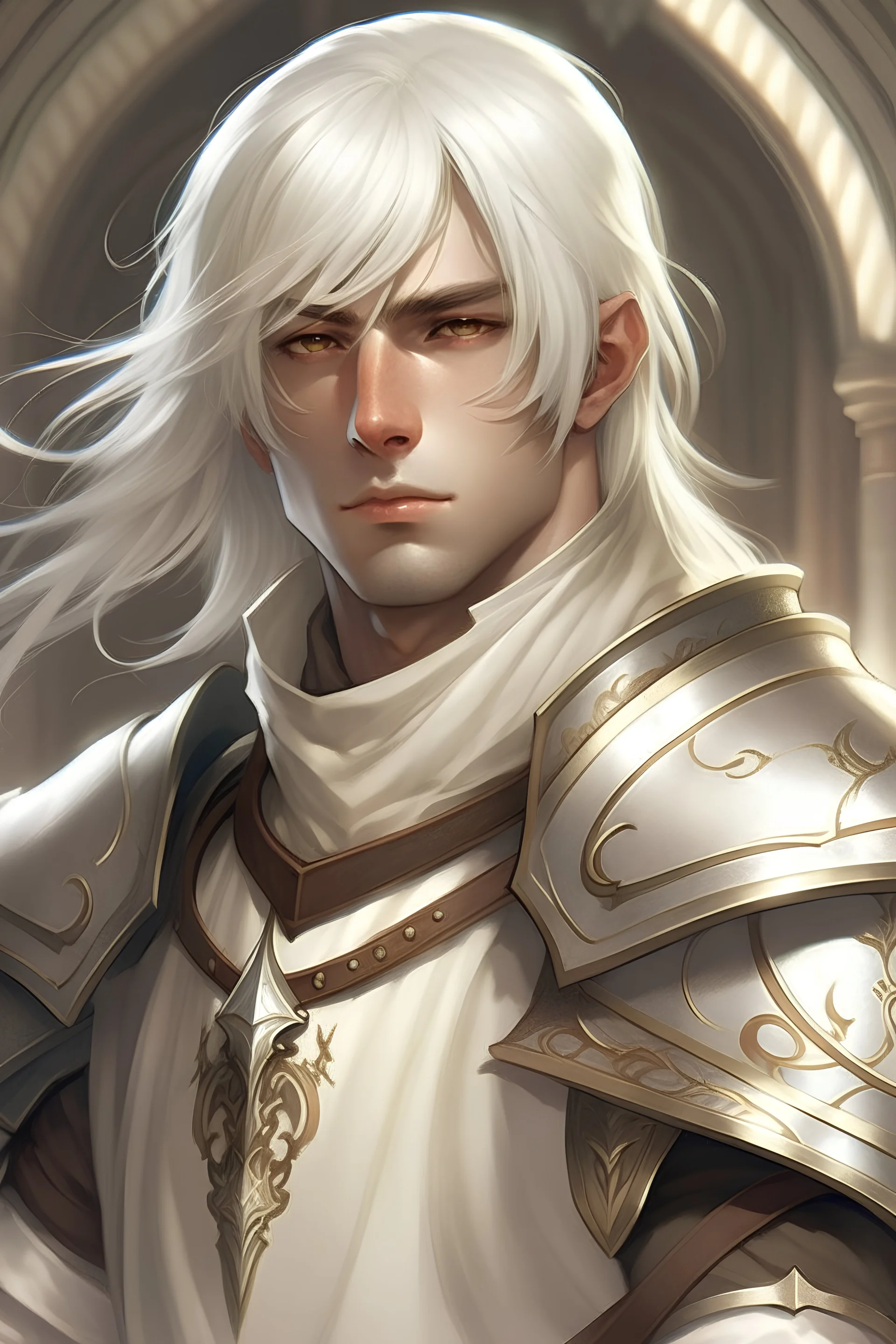 a young man with white hair He was dressed in long white paladin armor