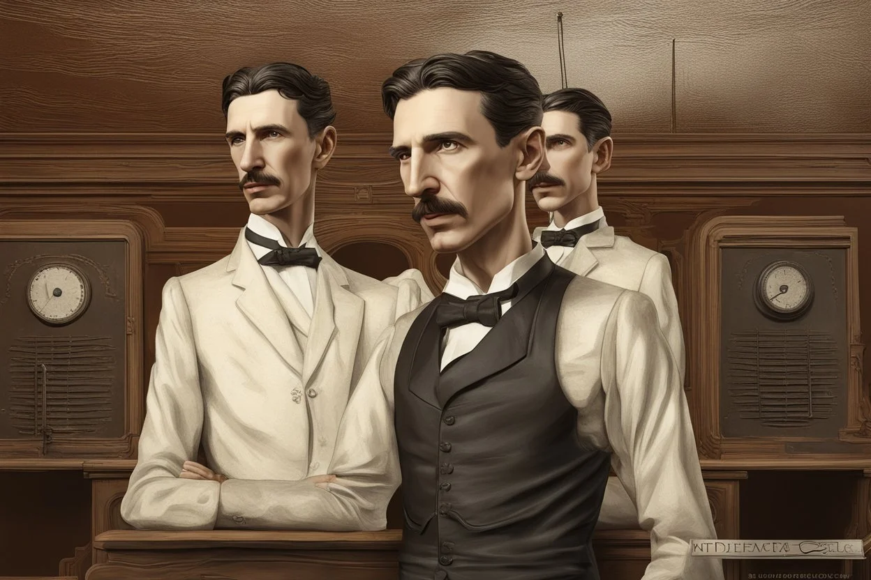 Nikola Tesla lifelike in the style of 3-d side view perpective