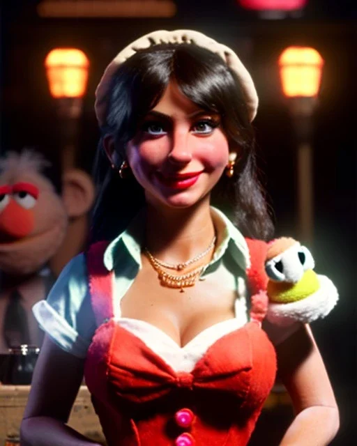 waitress woman with muppet mask that covers her entire head, retro style, Sesame Street style, smooth, unreal engine 5, god lights, ray tracing, RTX, lumen lighting, ultra detail, volumetric lighting, 3d.