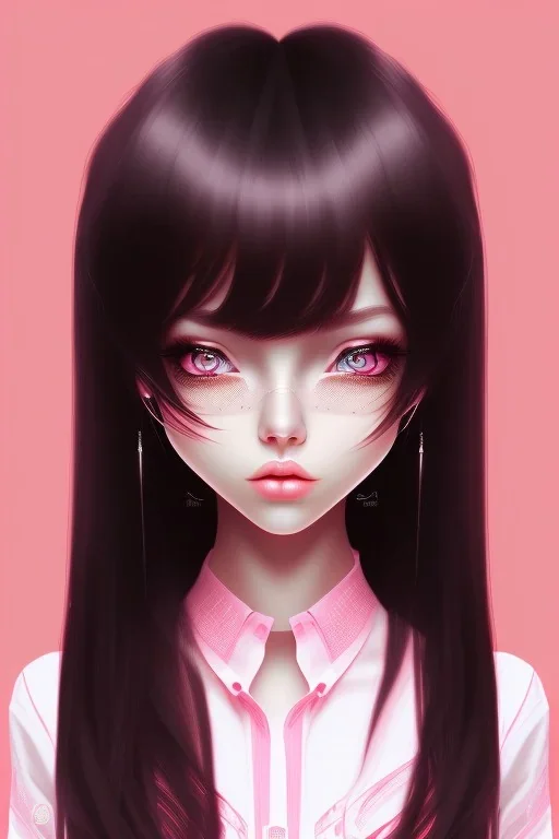 girl, cute, beautiful, black hair, long hair, straight hair, bangs, pink shirt, big eyes, brown eyes, kawaii, close up portrait