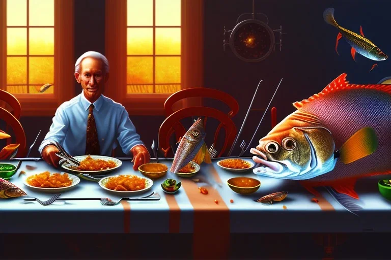 supper, fish sit at the table and eat pieces of people.