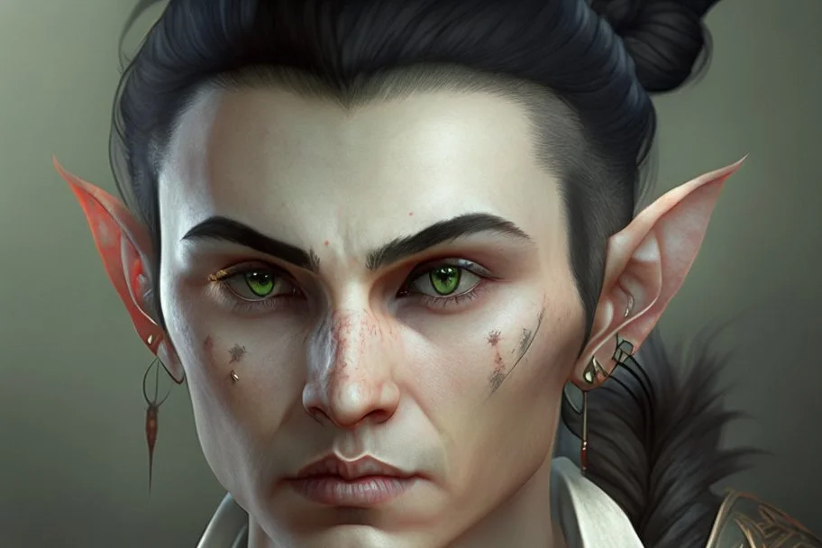 A Fantasy elf, a white male with black hair tied up in a bun, a scarred left eye.