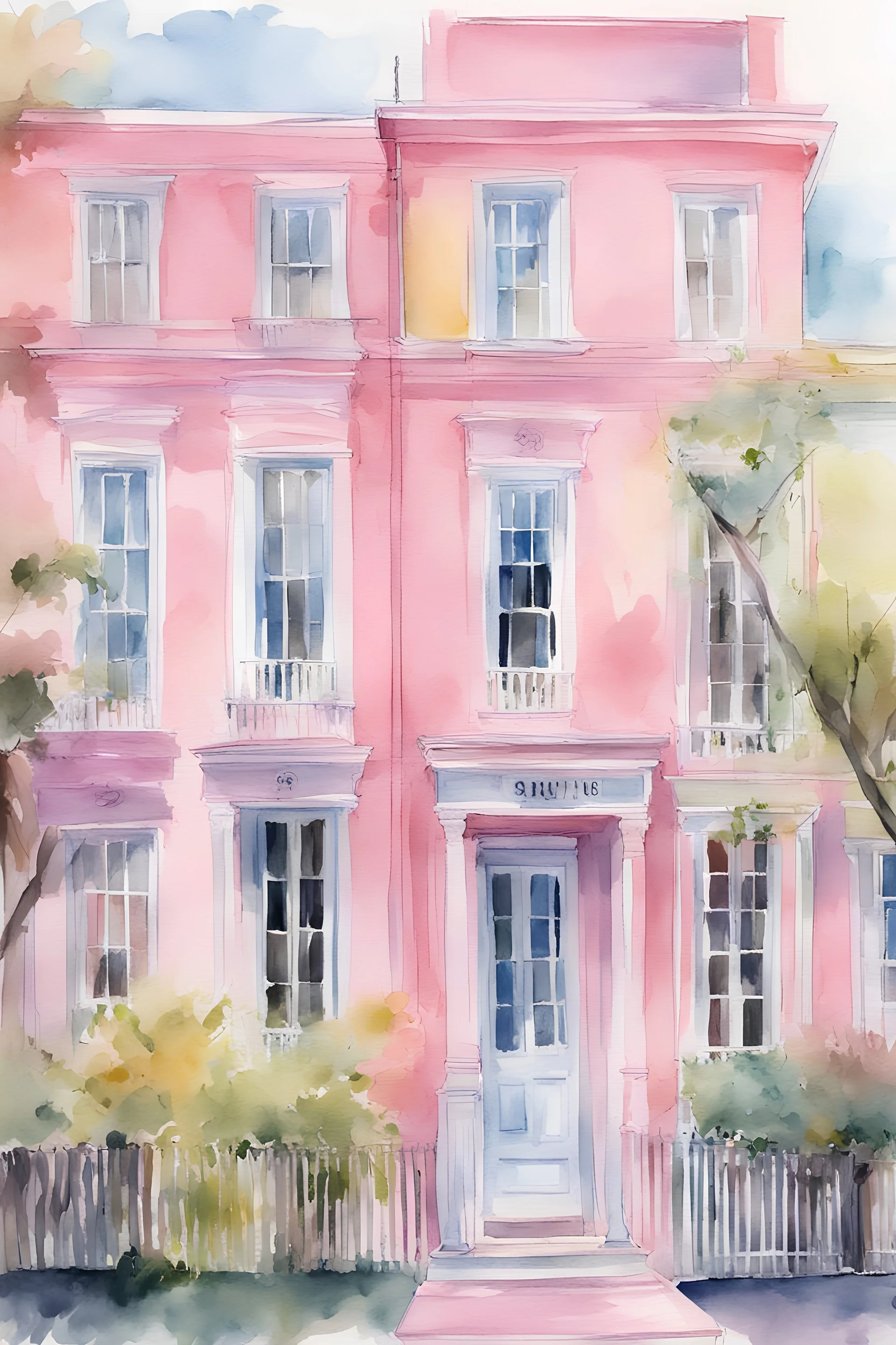 Charleston South Carolina Watercolor Rainbow Row Pastel Pink House