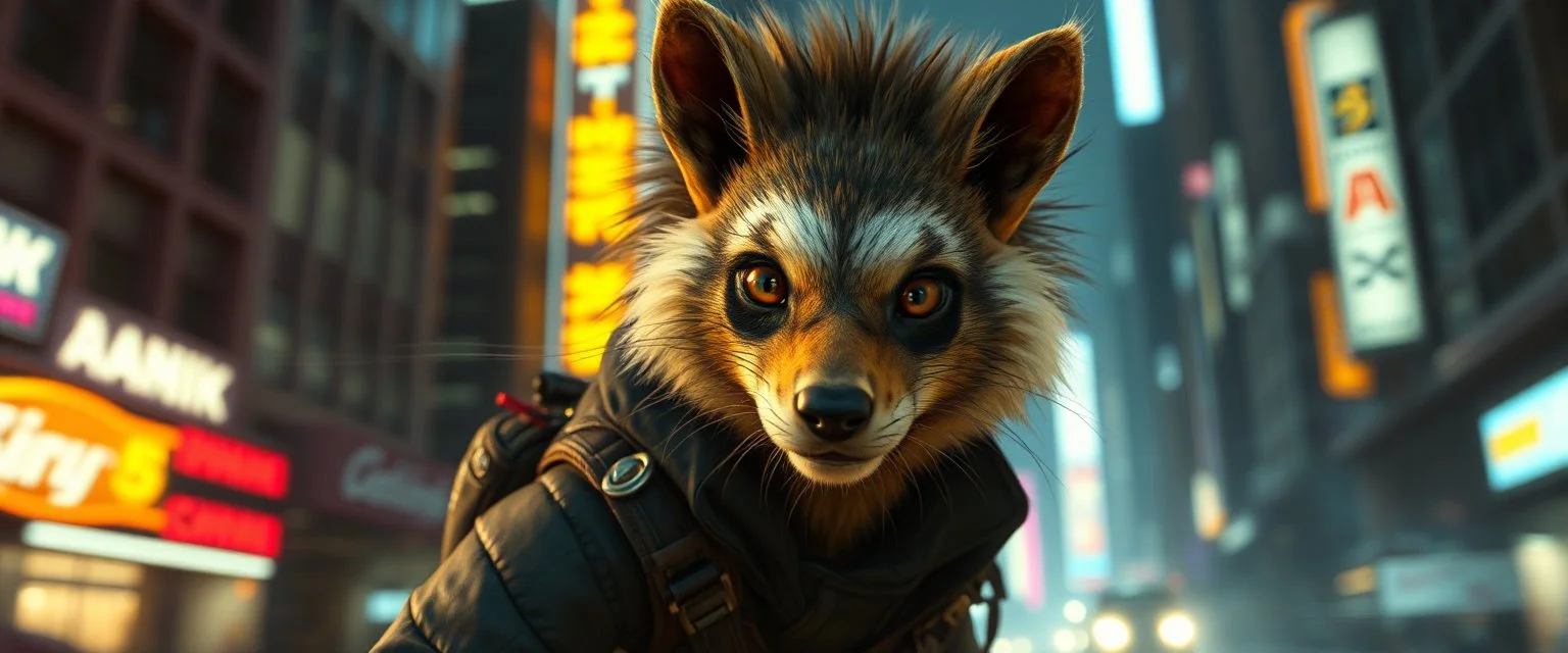 fast cyberpunk weasel rasta man with cute fur, in big cyberpunk city, in the style of fallout 4, with motion blur and volume light
