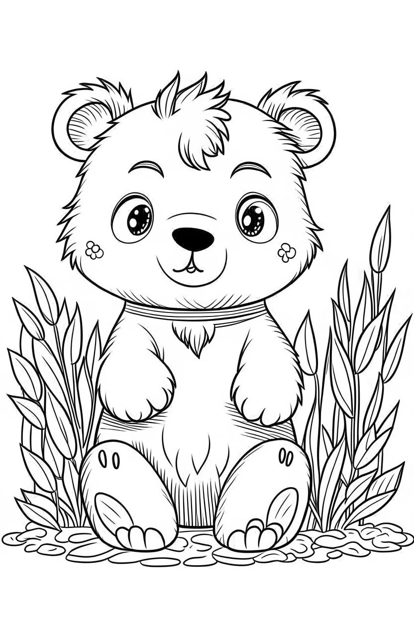 cute coloring page, sketch style, cute baby bear in the wood, cute cartoon, white and black, withe background, no shadows, outline.