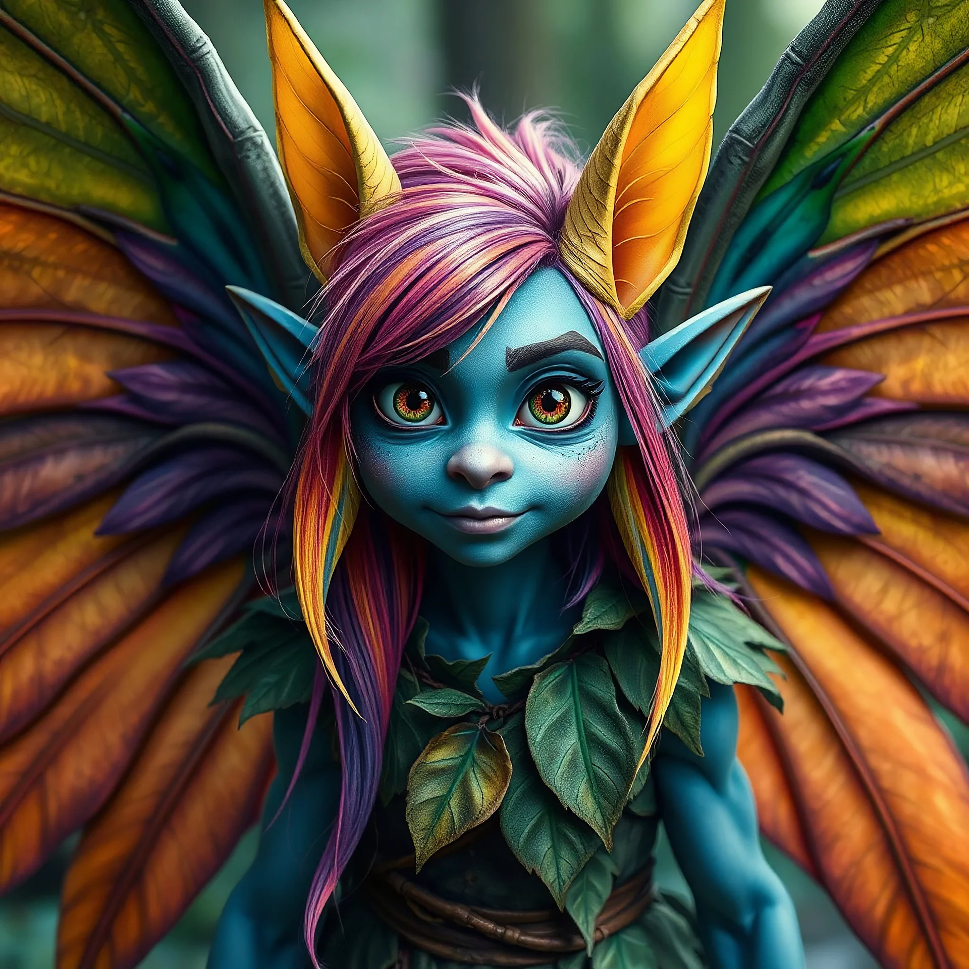 daggerhart, fairy, goblin, big eyes, big yellow ears, blue skin, male adult, huge winx style green wings, long rainbow colorful hair, leaf clothes, fully clothed, druid, realistic, humanoid face, colourful wings, nature, human face, full lenghth