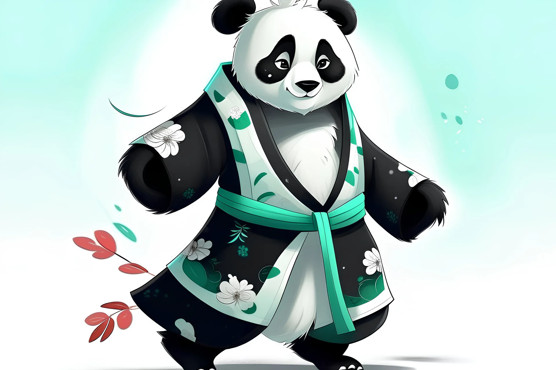 a panda in a white kimono with a black one in ice skates