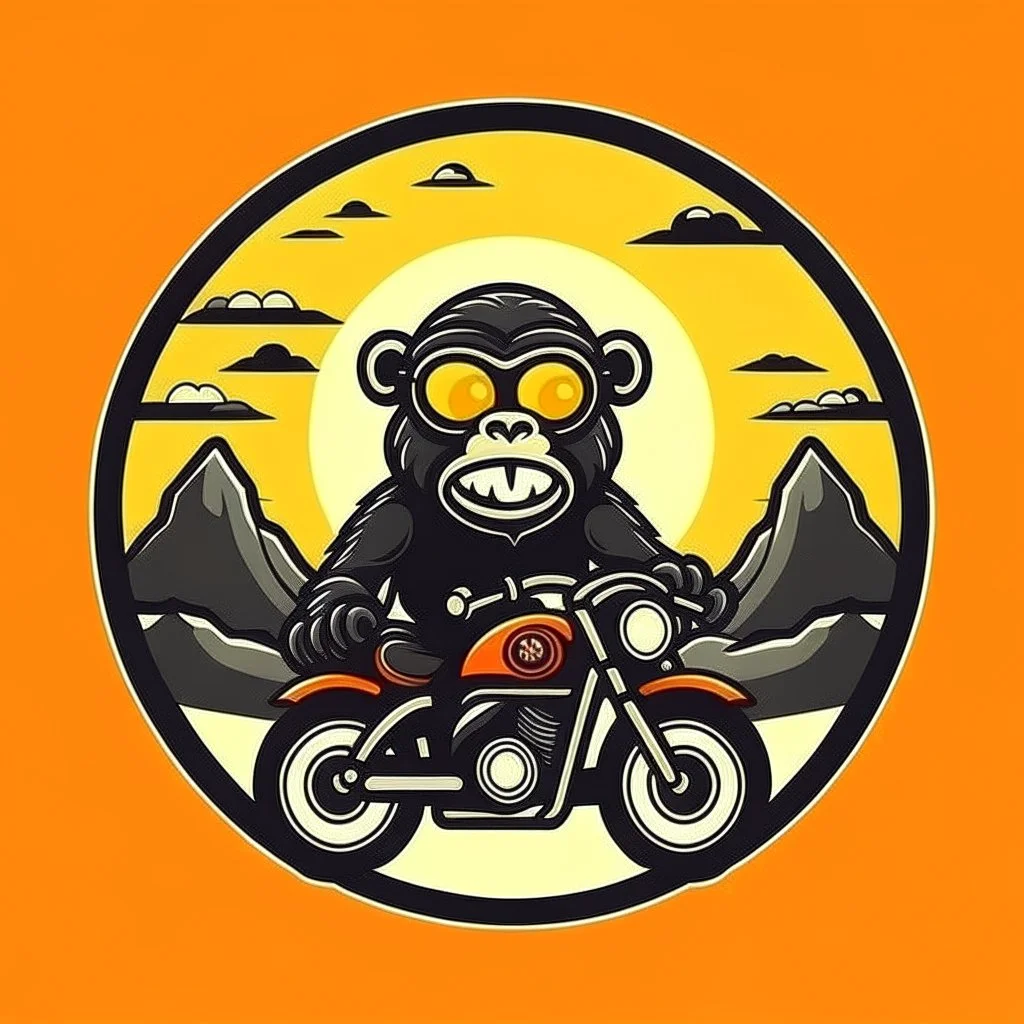 Monkey riding a mopped motorcycle with sunglasses and a big smile, have a mountain sunset on the background, make a round logo