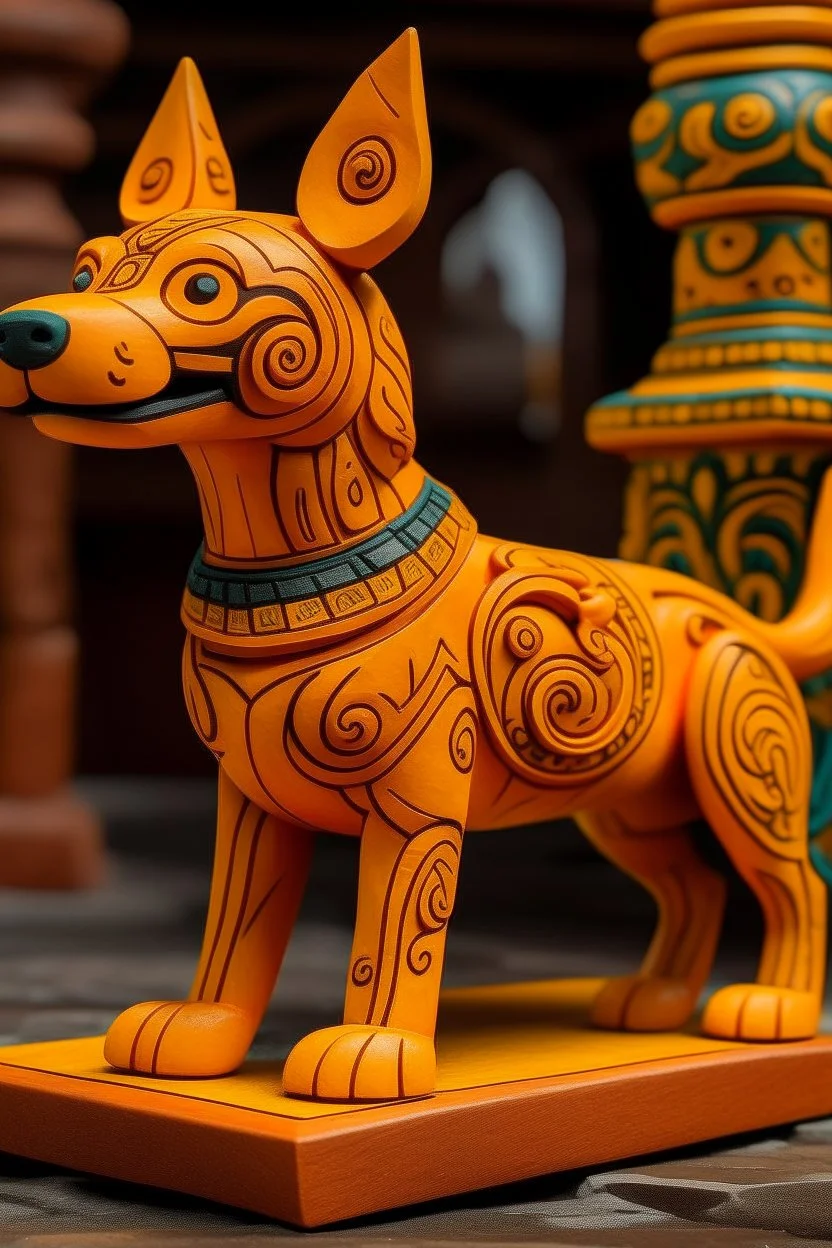 A yellowish orange colored sound elemental dog designed in Mayan architecture painted by Zosan