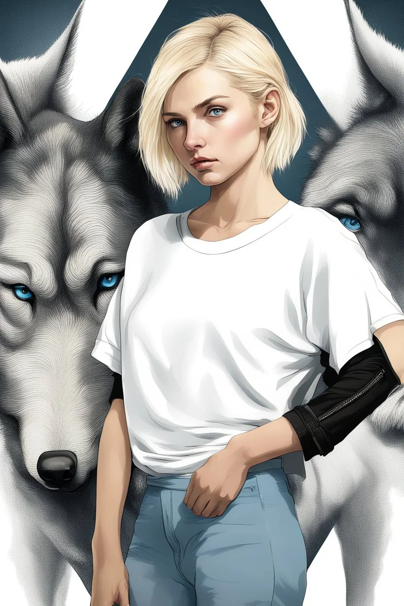 ultra realistic photograph of a very thin young woman with short blonde hair and blue eyes wearing a loose black teeshirt facing a large black wolf