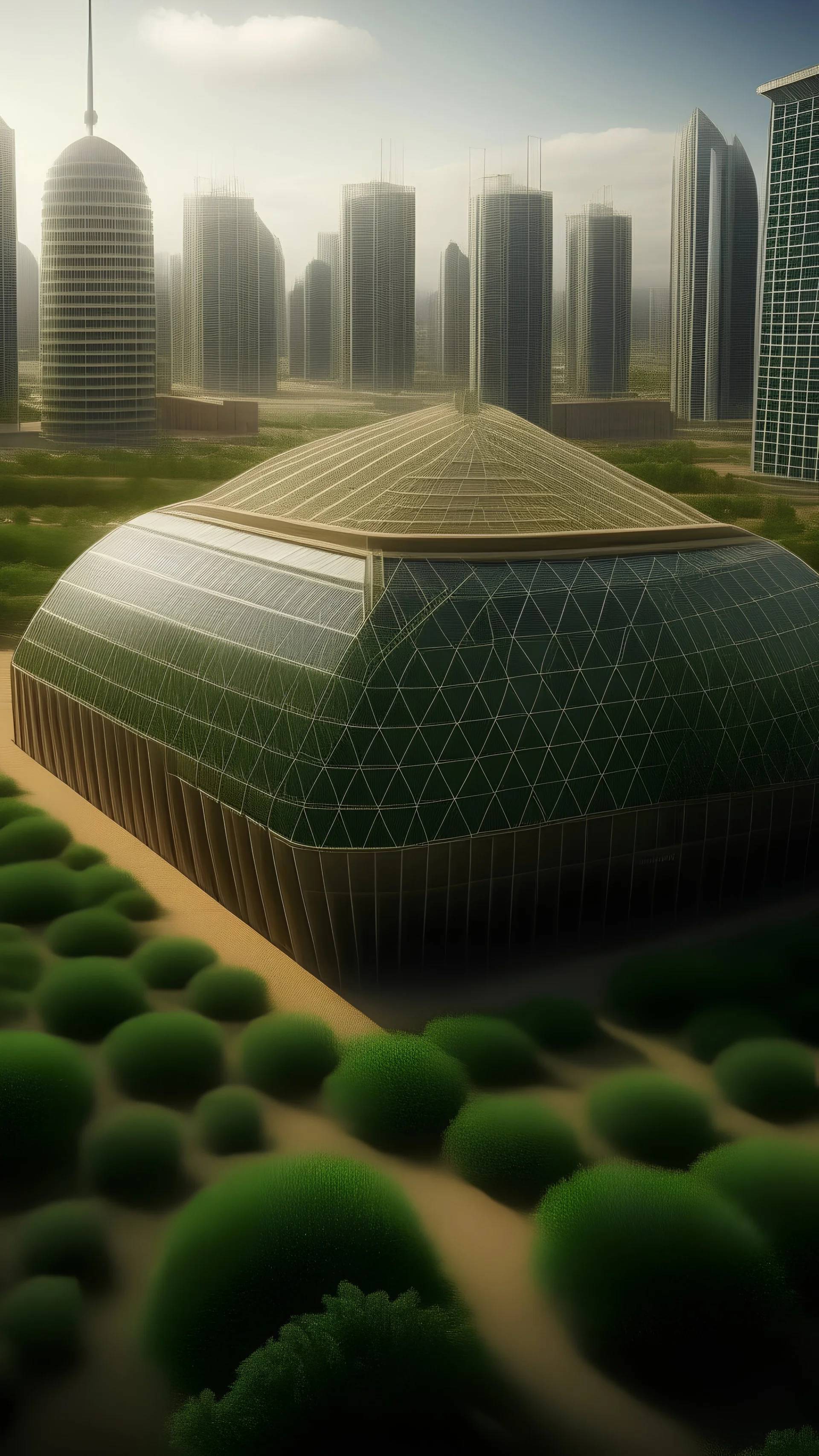 A massive greenhouse with a futuristic city inside it and surrounded by sand.