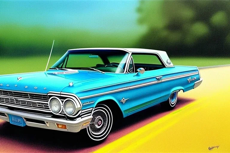 a true-to-life 1963 ford galaxie 500, two-tone paintwork, classic hotrod wheels, pen and color marker, centered, intricate, extreme detailed, photorealism, center view, 1960s suburb background, pivot on ford, painting by cheryl kelley