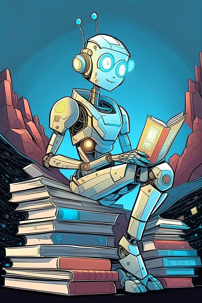 generate a front cover representation of Ai attractive small female humanoid bot sitting on a pile of books in a comic book style