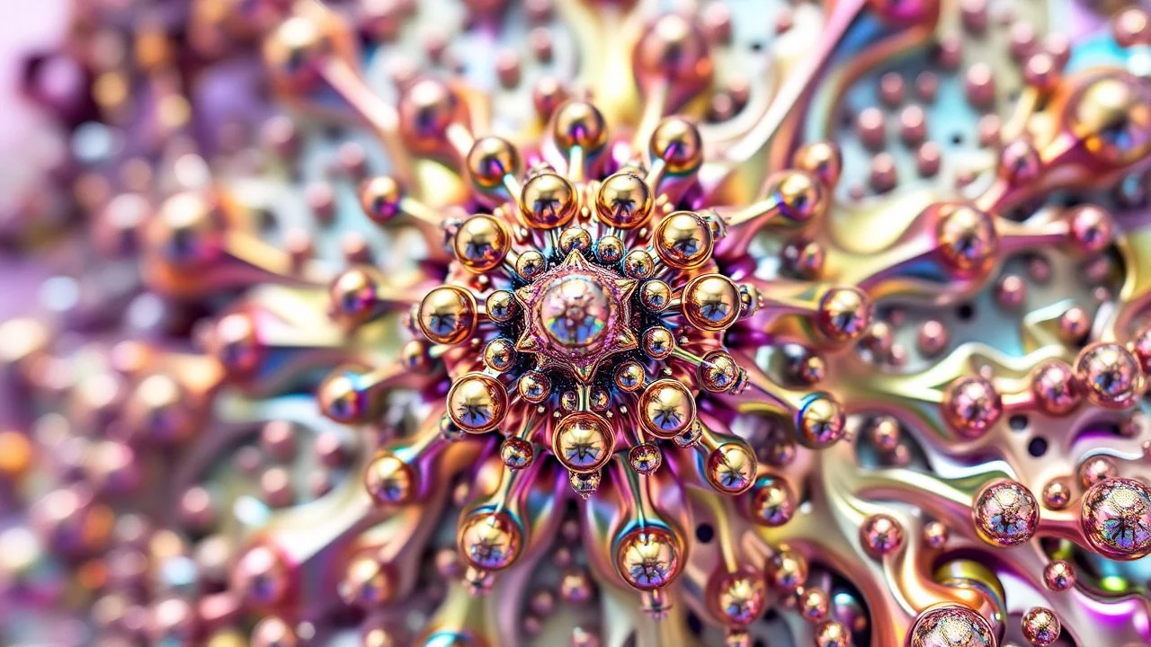 a mandelbulb 3d fractal made of metallic random color shperes, pertty artistc background