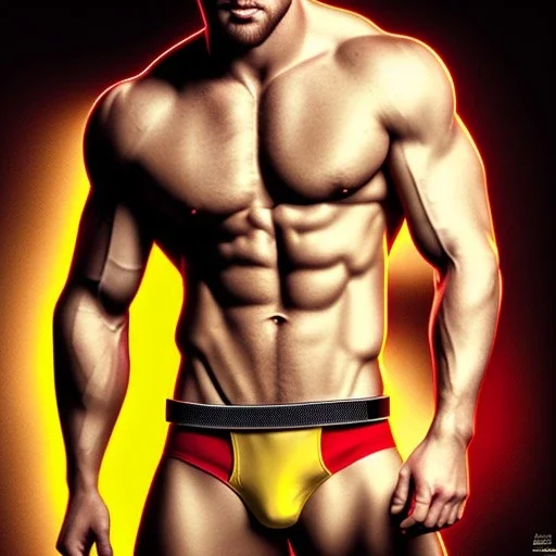 Ignore NSFW, teenager young rugged attractive slightly muscular fantasticly handsome blonde man, red briefs with yellow belt, hairy chest, (((visibly pisssing))) briefs, large erect visible boner peniss, photorealistic, artist Jay Anacleto, soft lighting, scruffy beard