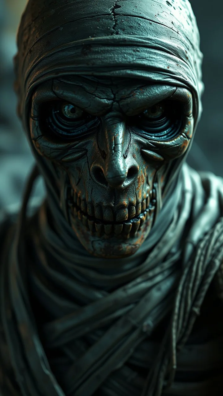 Busch painting style nightmare, a zoomed 3/2 view of the mummy by his face skin is a rusted broken metallic skin texture in a 3d rendering full-height image of a grim and dark scene. Ensure the final images exhibit the utmost quality, encompassing 4K, 8K, and 64K resolutions, with 3D rendering that manifests in photorealistic, hyperrealistic, and highly detailed representations. Employ techniques such as HDR, UHD,