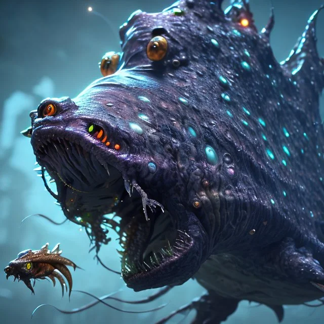 fluid ink angler fish creature, unreal engine 5, 8k resolution, photorealistic, ultra detailed