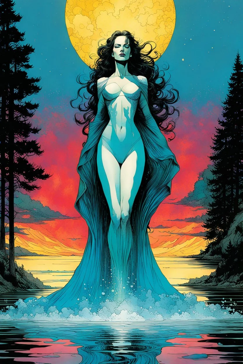 Create a fine art print , full body illustration of the legendary Lady of the Lake , with finely lined and detailed facial features, in the comic book style of Bill Sienkiewicz, Philippe Druillet, and Jean Giraud Moebius, precisely drawn, colored and inked