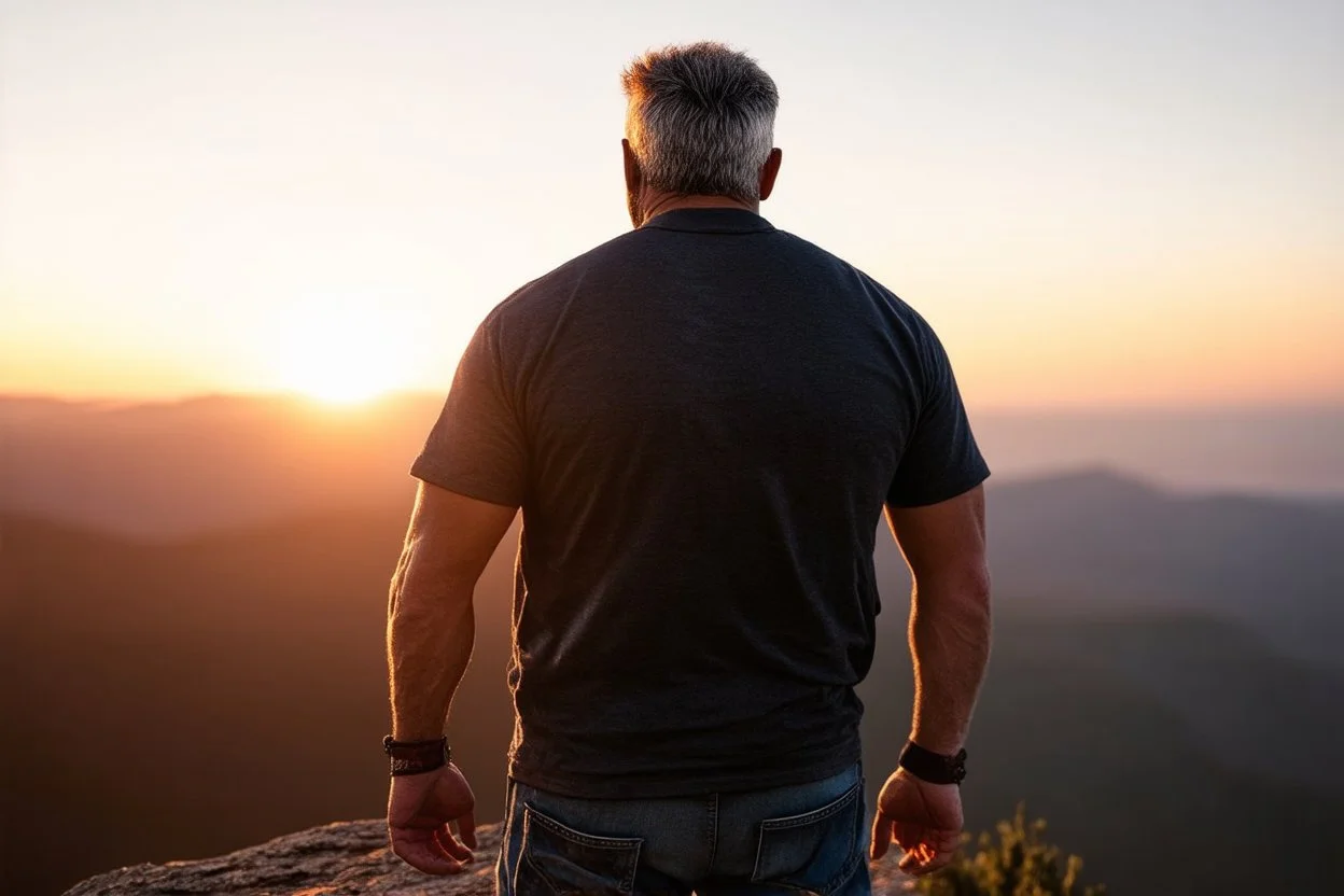 a brawny man with grey hair views sunset from a cliff