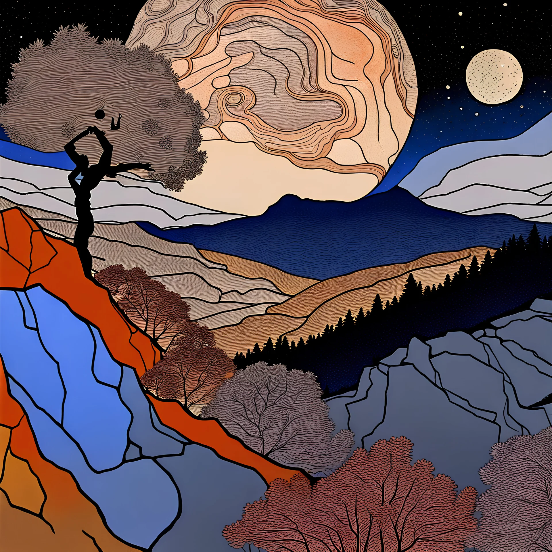 Colourful, peaceful, Egon Schiele, night sky filled with galaxies and stars, rock formations, trees, flowers, silver rust gradient, one-line drawing, sharp focus, 8k, 3d, deep field, ornate