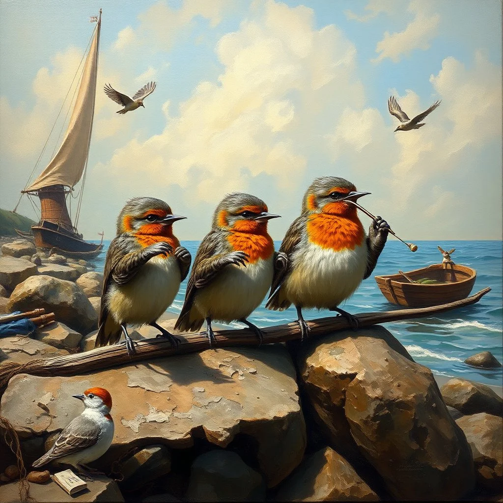 Little Birds are playing Bagpipes on the shore, Where the tourists snore: "Thanks!" they cry. "'Tis thrilling! Take, oh take this shilling! Let us have no more!" Modifiers: highly detailed oil on canvas masterpiece beautiful award winning Unreal Engine very cute Jacek Yerka acrylic art Jean-Baptiste Monge Surrealism Daniel Merriam naoto hattori Catrin Welz-Stein Esao Andrews Ray Caesar Gabriel Pacheco Bridget Bate Tichenor yippy-ty-o-ty-ay The Strangeness of Thomas :-) Anna Zinkeisen