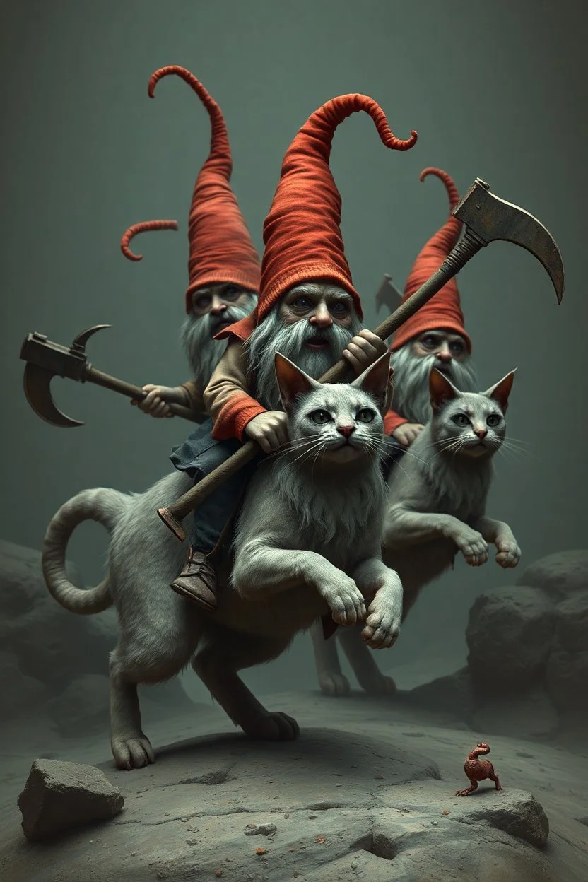 gnomes riding cats with hatchets in the style of Giger and Mozart
